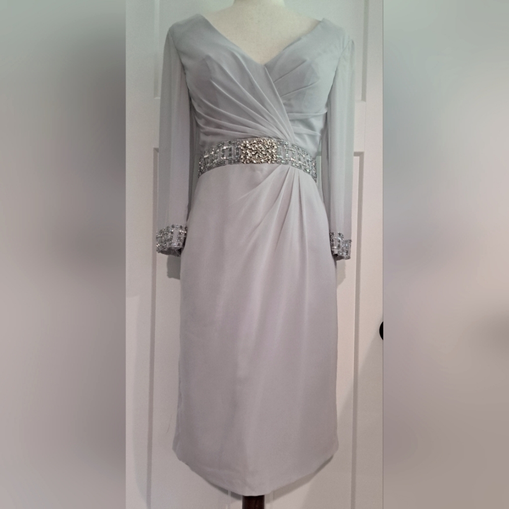 NEW Chiffon V-Neck Midi With Bead and Rhinestone Trim (Light Grey) - Lattelier
